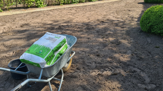 Turf bag in a wheelbarrow before sowing